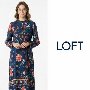 LOFT Navy Blue Floral Long Sleeve Midi Dress